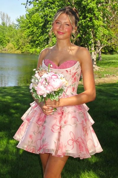 Pink Sweetheart Sleeveless Chiffon A-Line Floral Party Homecoming Dress