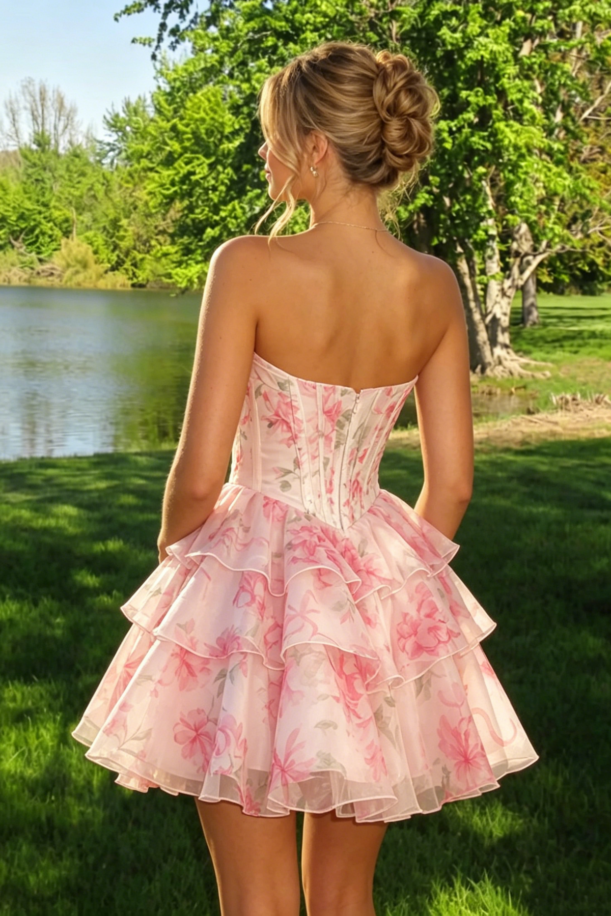 Pink Sweetheart Sleeveless Chiffon A-Line Floral Party Homecoming Dress