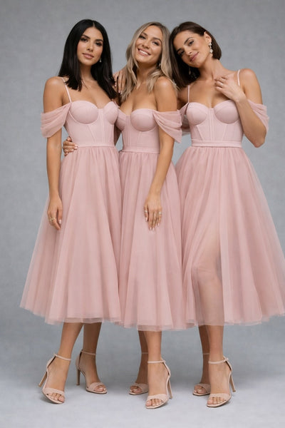 Pink Tulle A-Line Off-Shoulder Midi Bridesmaid Dress
