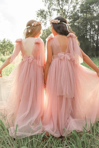 Pink Tulle A-Line Round V-Back Straps Flower Girl Dress
