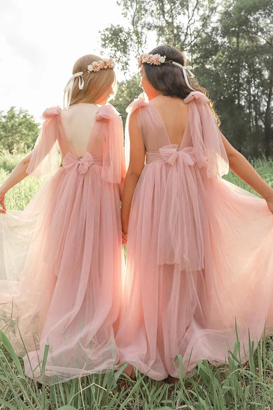 Pink Tulle A-Line Round V-Back Straps Flower Girl Dress