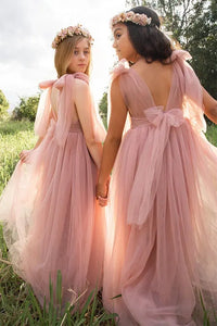 Pink Tulle A-Line Round V-Back Straps Flower Girl Dress