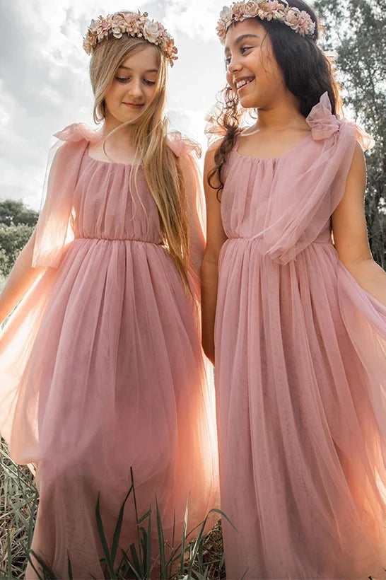 Pink Tulle A-Line Round V-Back Straps Flower Girl Dress