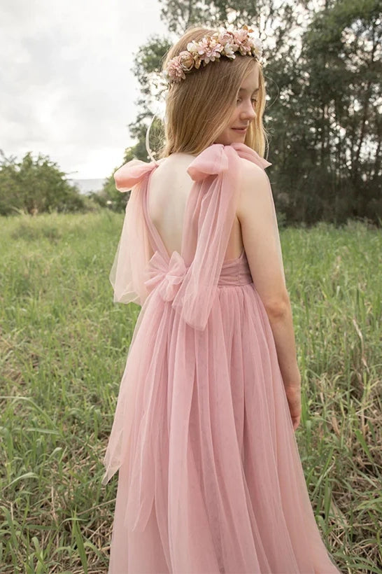 Pink Tulle A-Line Round V-Back Straps Flower Girl Dress
