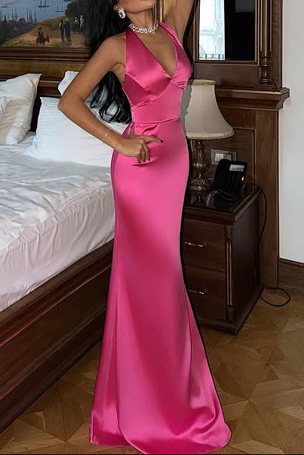 Pink V-Neck Halter Backless Satin Mermaid Party Prom Dress