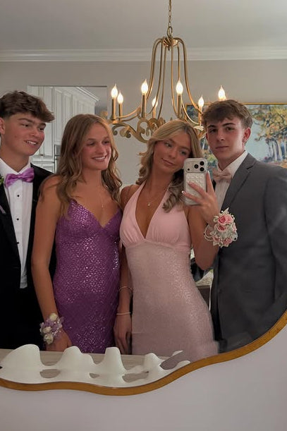 Pink V-Neck Halter Satin And Sequin Maxi Party Prom Dress
