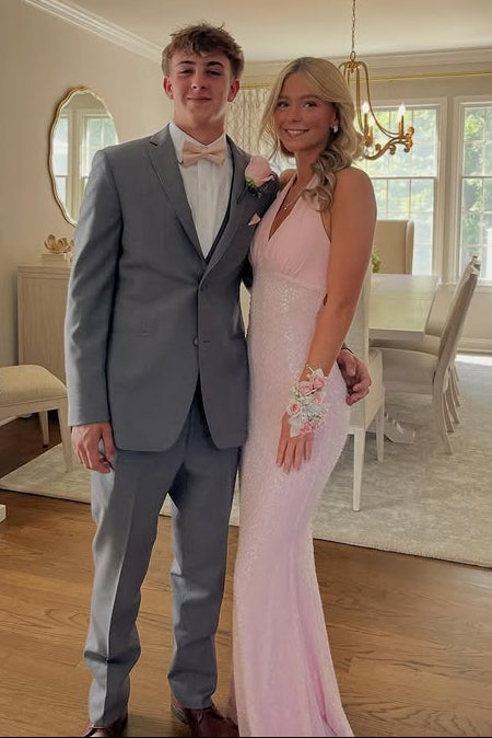 Pink V-Neck Halter Satin And Sequin Maxi Party Prom Dress