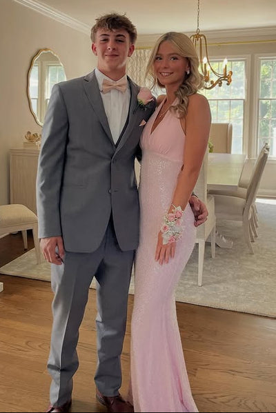 Pink V-Neck Halter Satin And Sequin Maxi Party Prom Dress