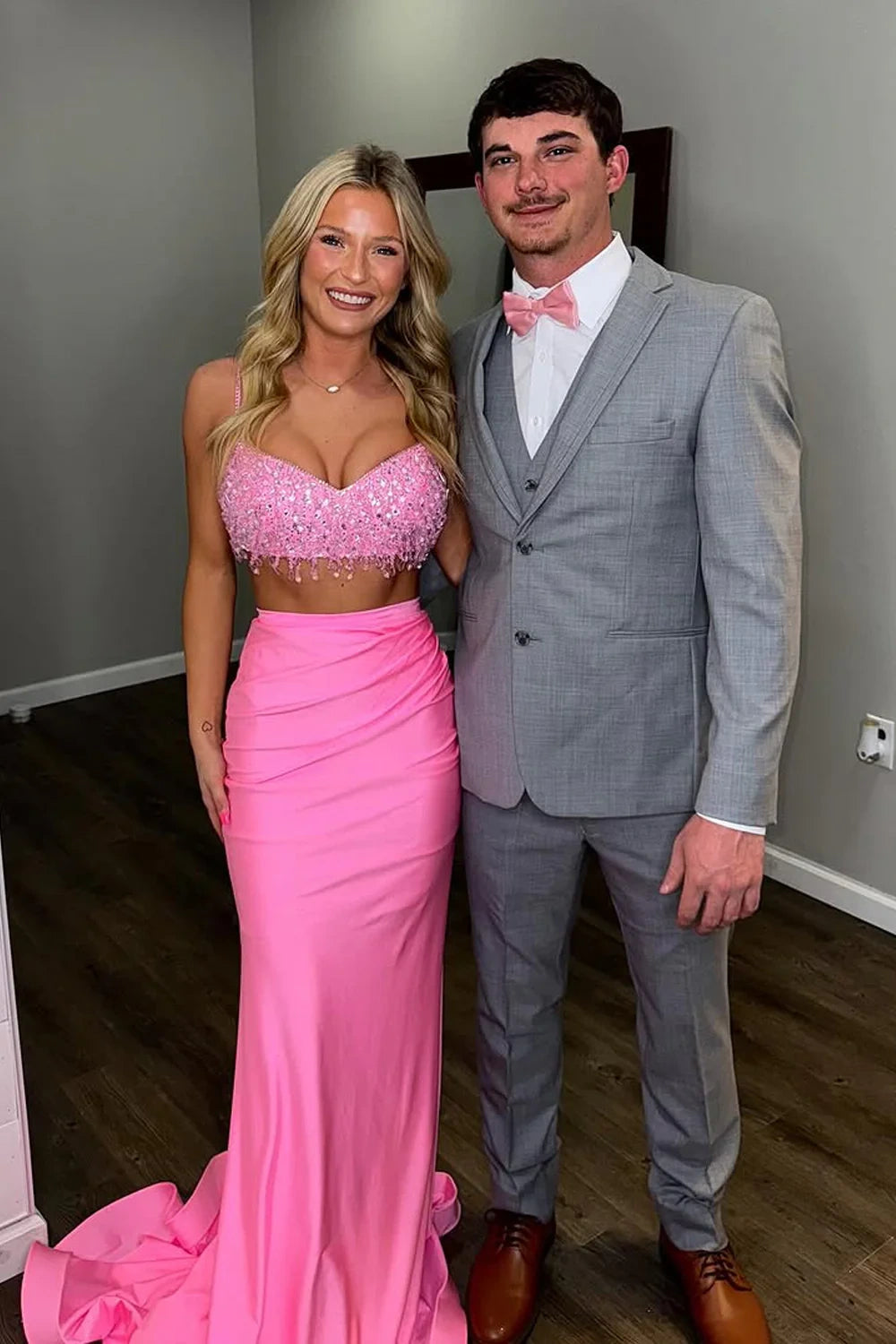 Pink V-Neck Spaghetti Straps Two Piece Mermaid Party Prom Dress