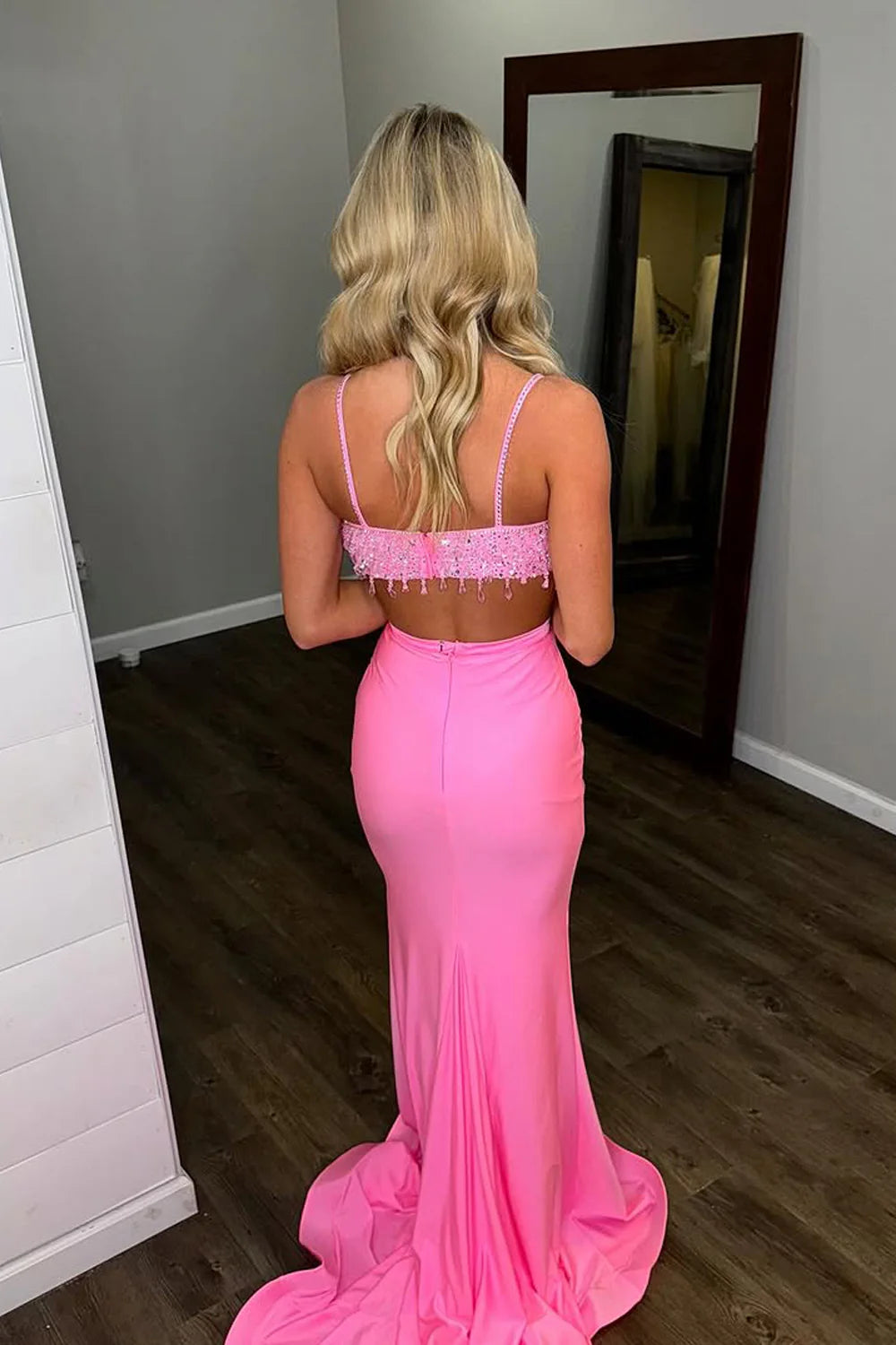 Pink V-Neck Spaghetti Straps Two Piece Mermaid Party Prom Dress