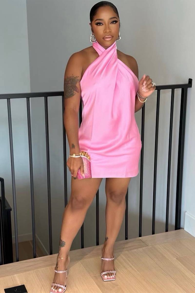 Pink Halter Short Party Dress FancyVestido Pink Halter Short Party Dress FancyVestido