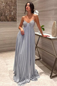 Pleated Satin A-Line V-Neck Beaded Top Sleeveless Party Prom Dress