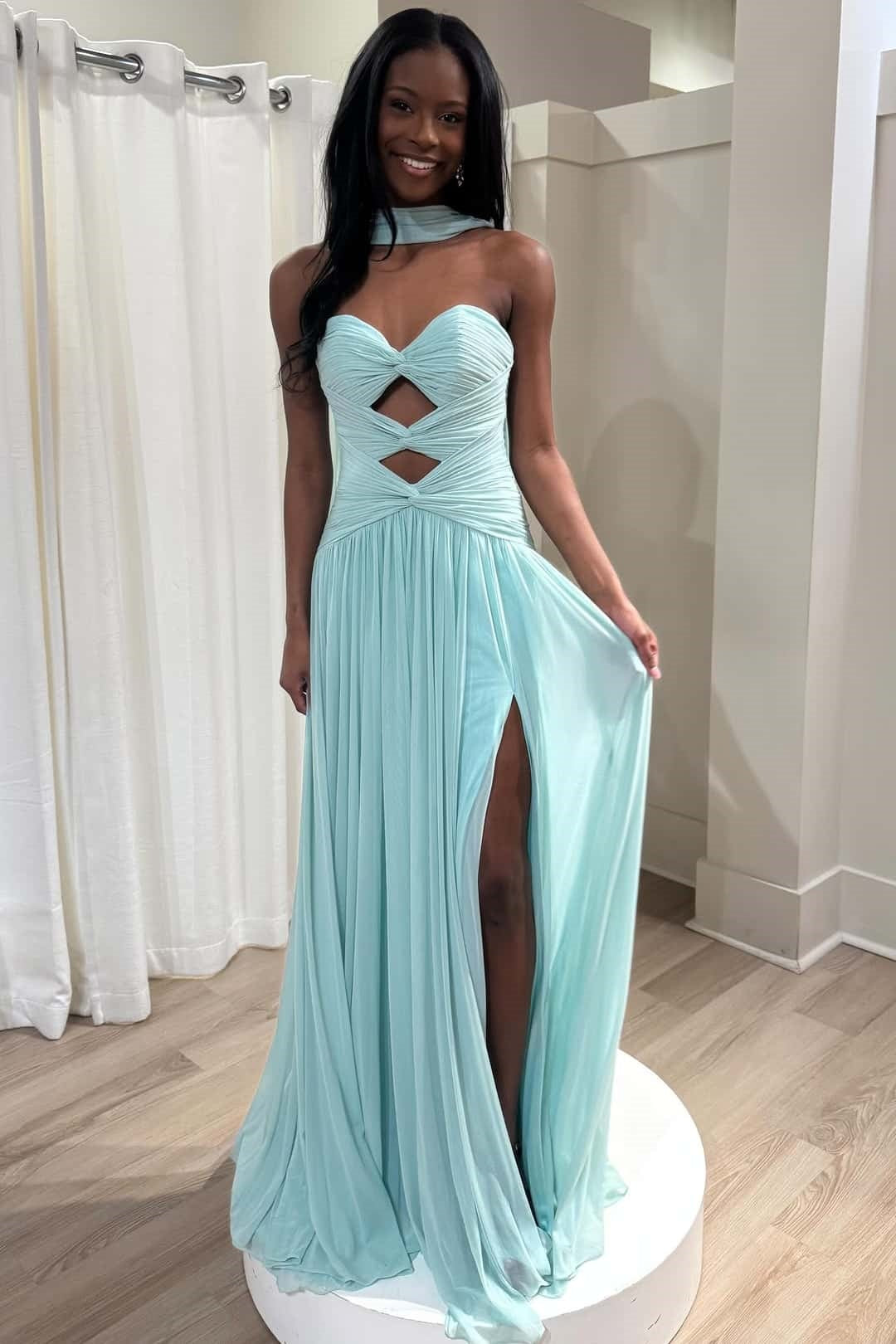 Pleated Strapless A-Line Maxi Party Prom Dress With Leg Slit 