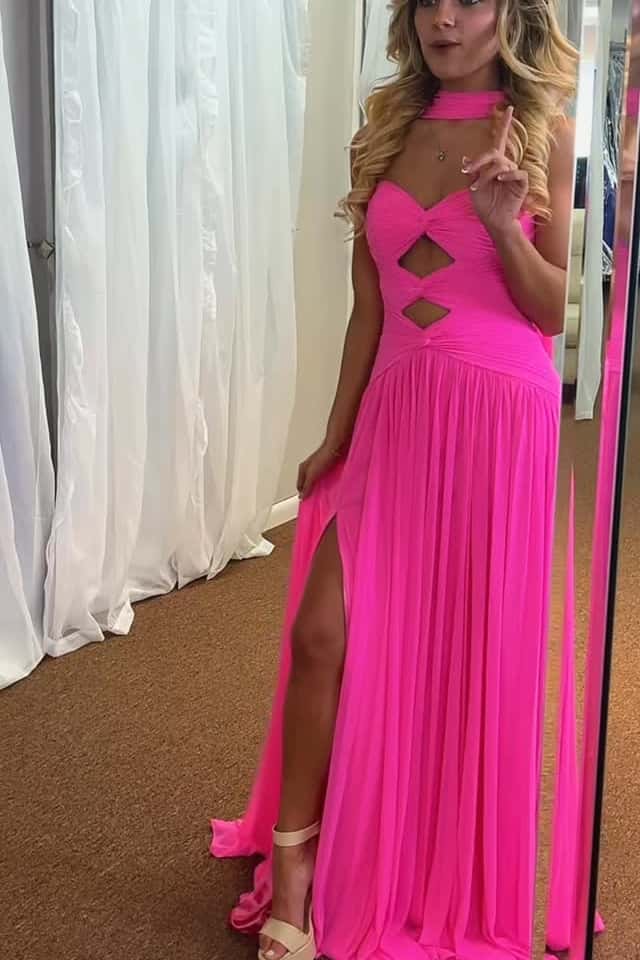 Pleated Strapless A-Line Maxi Party Prom Dress With Leg Slit 