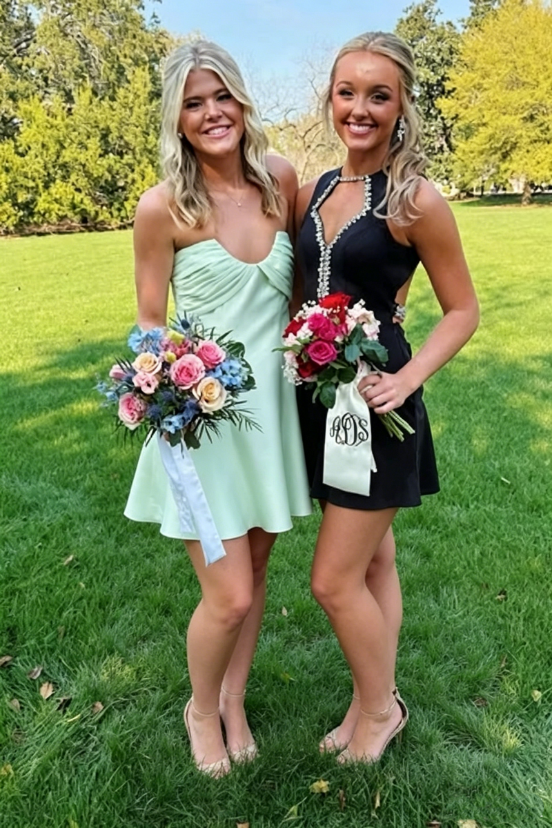 Pleated Strapless A-Line Satin Casual Short Homecoming Dress