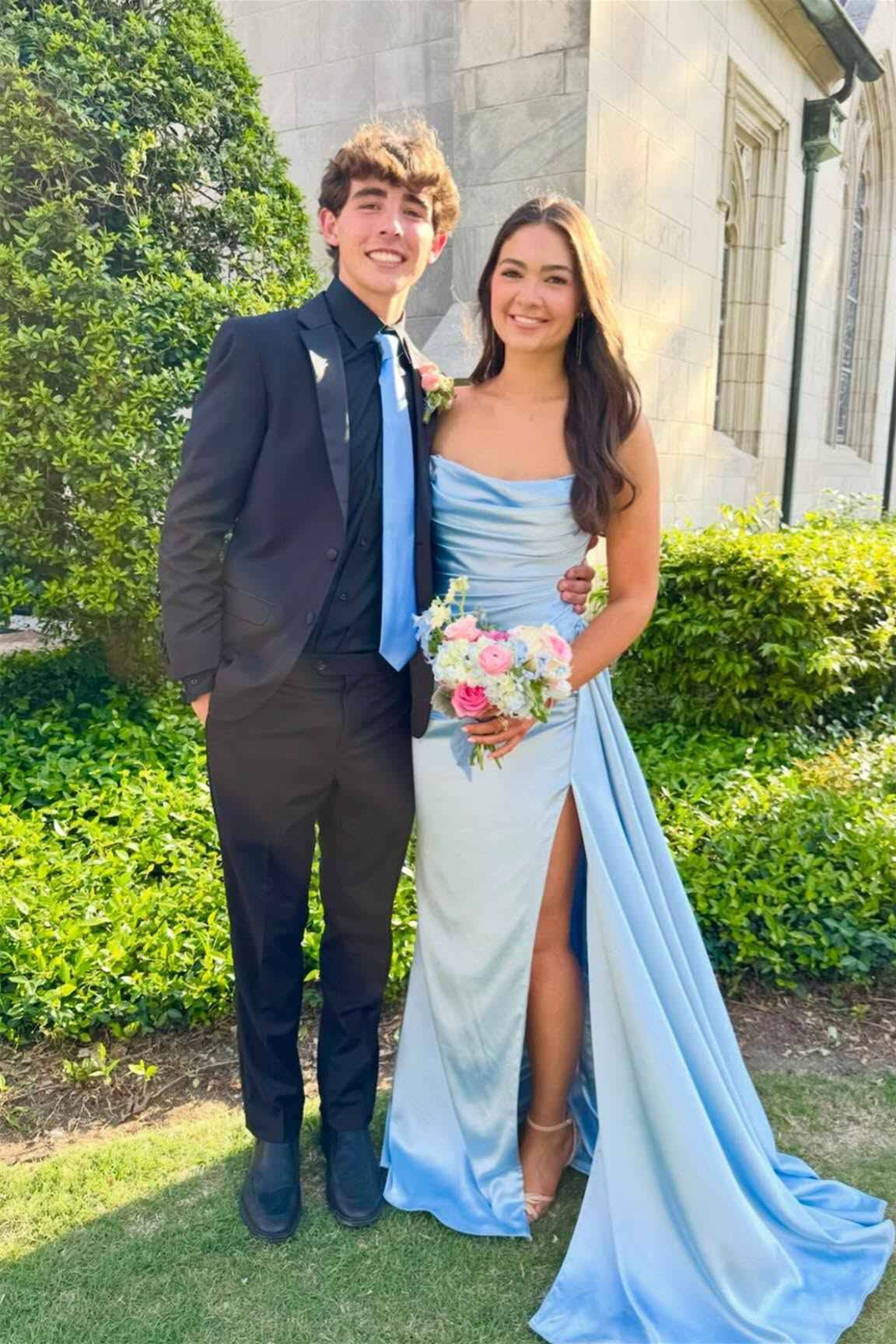 Pleated Strapless Empire Satin Party Prom Dress With Train
