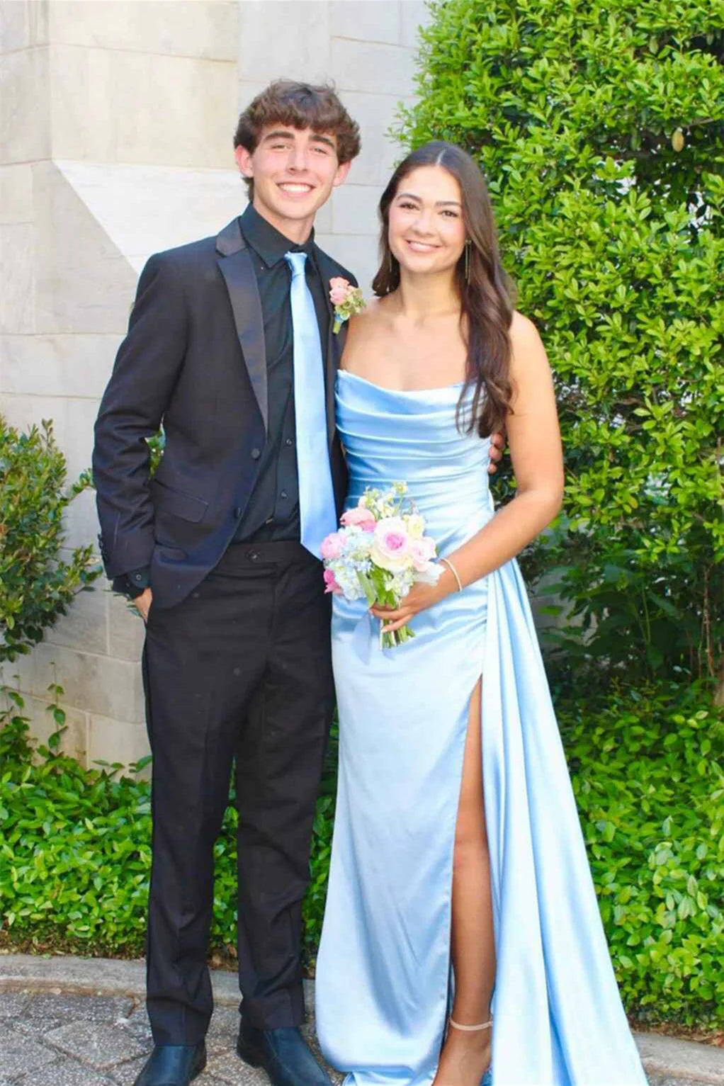 Pleated Strapless Empire Satin Party Prom Dress With Train
