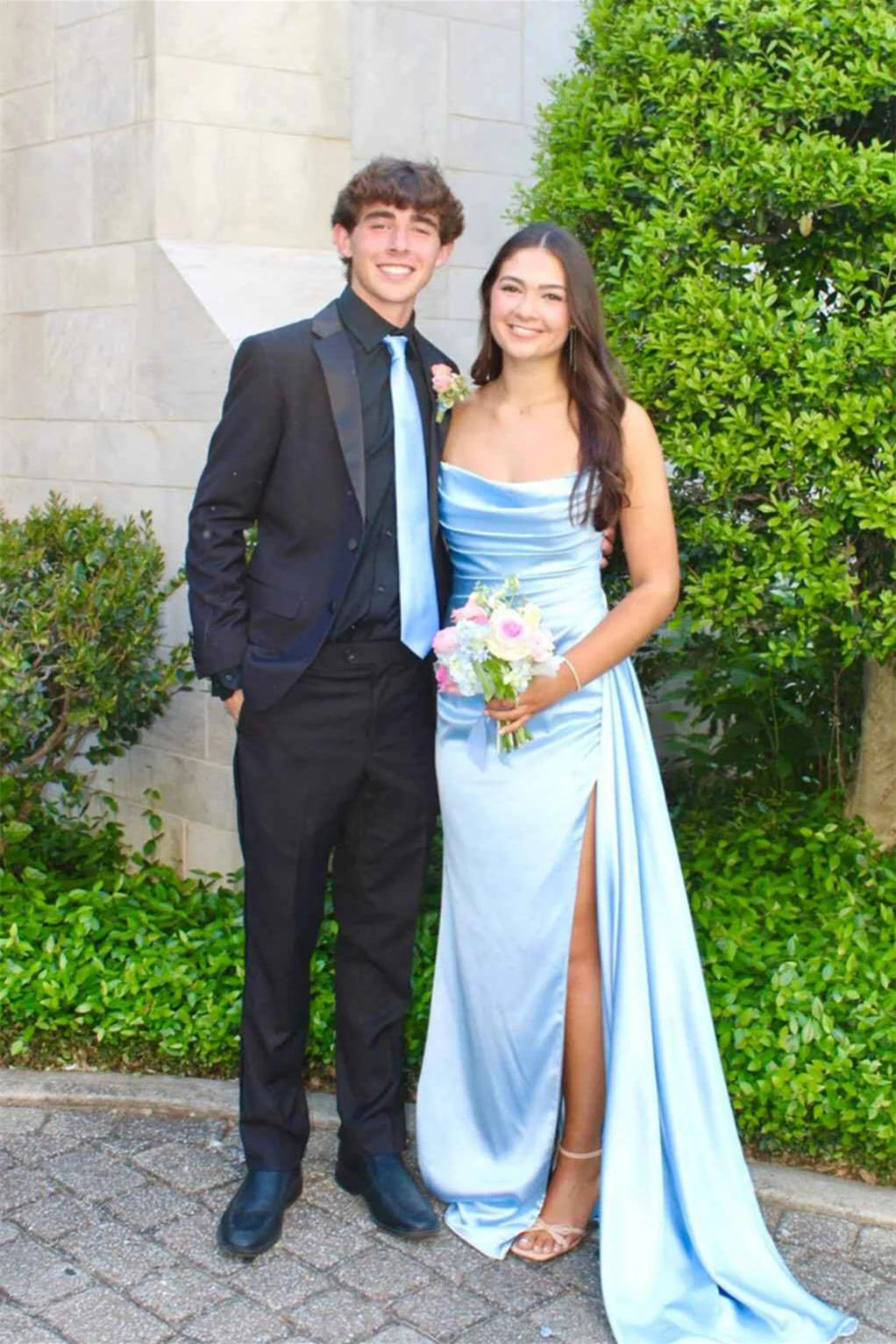 Pleated Strapless Empire Satin Party Prom Dress With Train