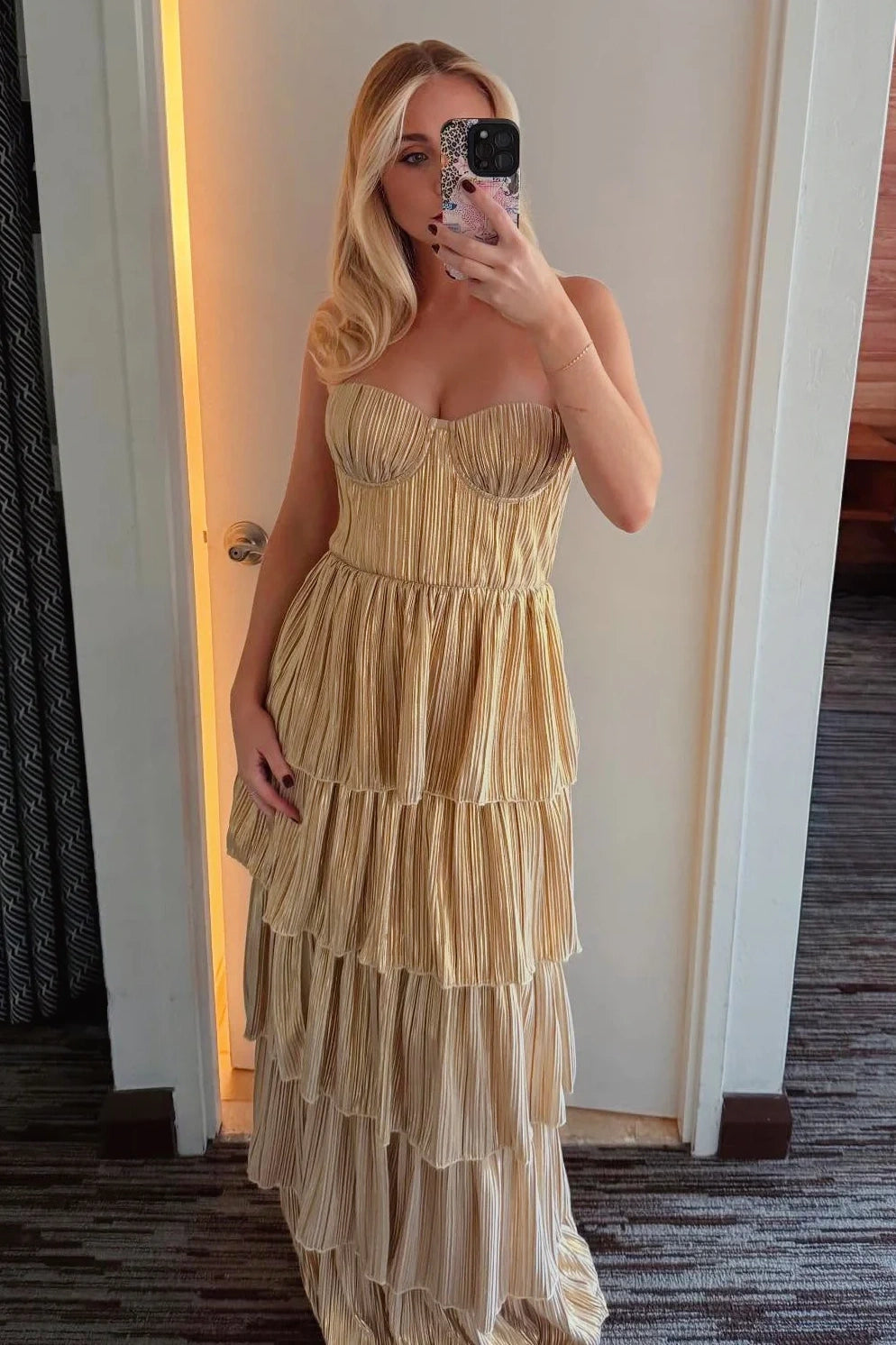 Pleated Tiered A-Line Sweetheart Strapless Maxi Party Prom Dress