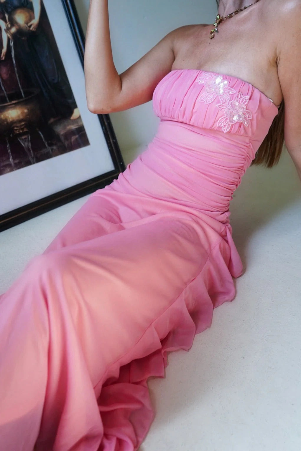 Pleated Strapless Floral Appliques Chiffon A-Line Ruffle Slit Party Prom Dress