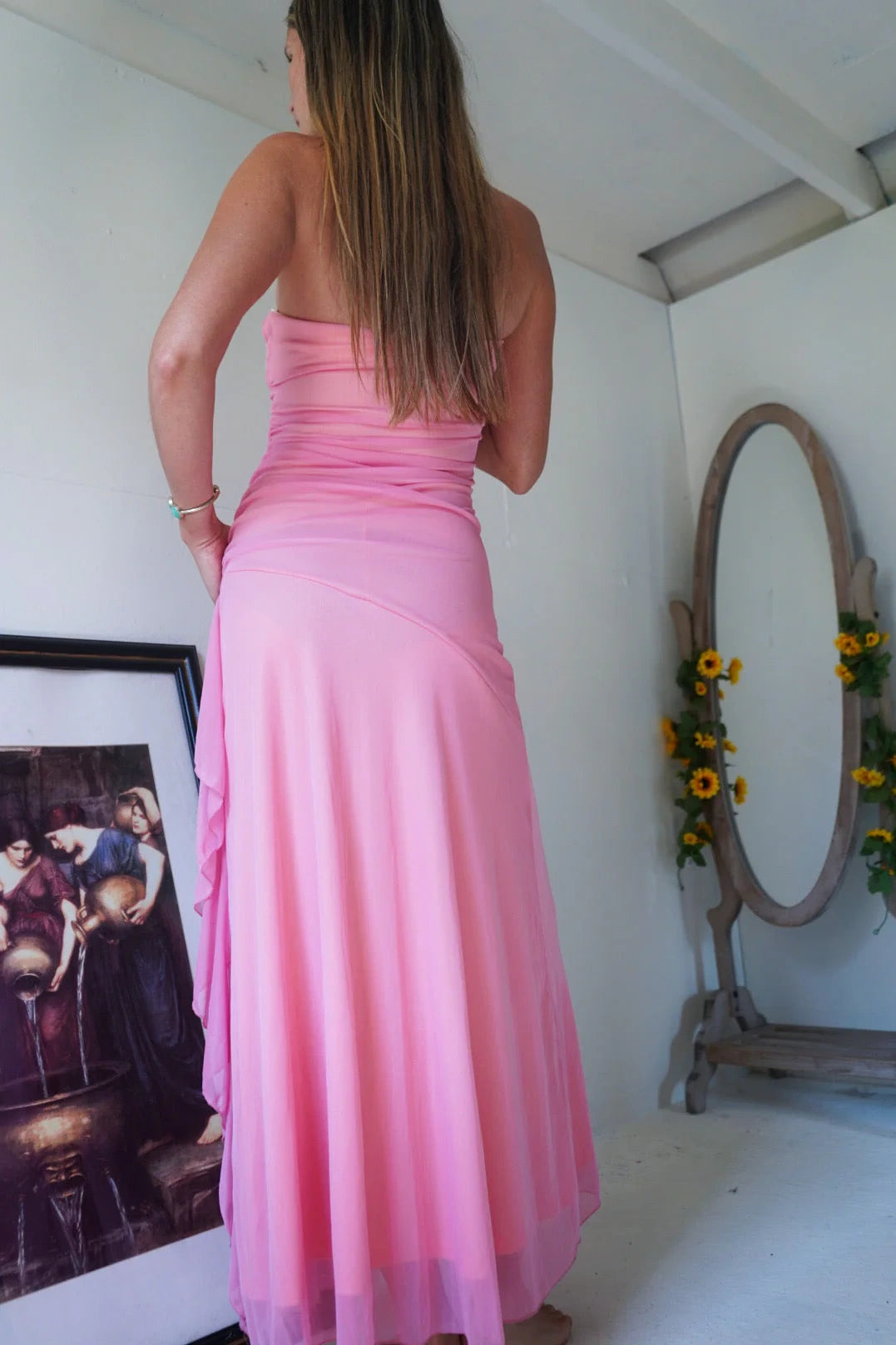 Pleated Strapless Floral Appliques Chiffon A-Line Ruffle Slit Party Prom Dress