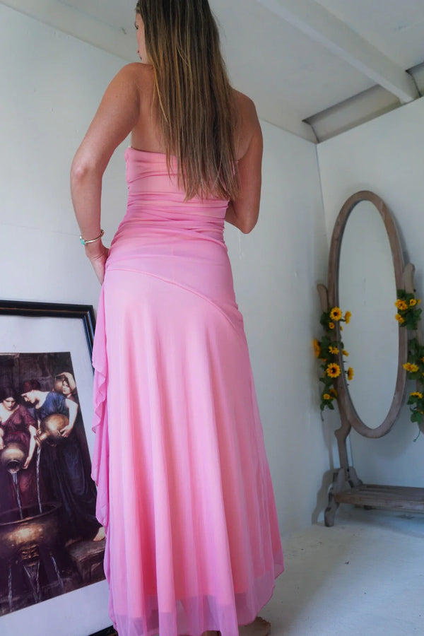 Pleated Strapless Floral Appliques Chiffon A-Line Ruffle Slit Party Prom Dress