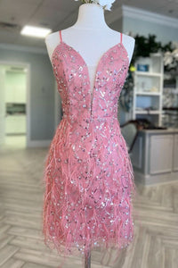 Plunge V-Neck Spaghetti Straps Fitted Mini Homecoming Dress
