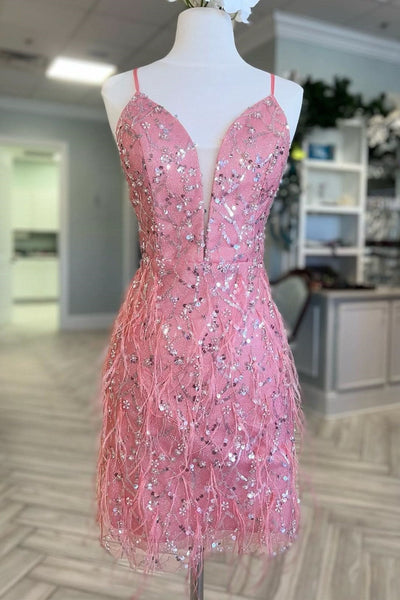 Plunge V-Neck Spaghetti Straps Fitted Mini Homecoming Dress
