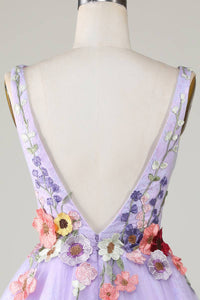 Plunging Neck Lavender Floral Backless Short Floral Dress Back Shot