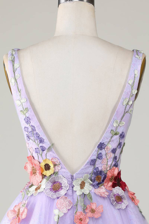Plunging Neck Lavender Floral Backless Short Floral Dress Back Shot
