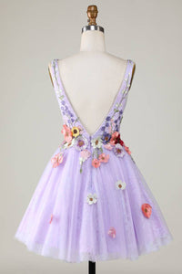 Plunging Neck Lavender Floral Backless Short Floral Dress Full Back Shot
