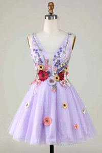 Plunging Neck Lavender Floral Backless Short Floral Dress Full Front Shot