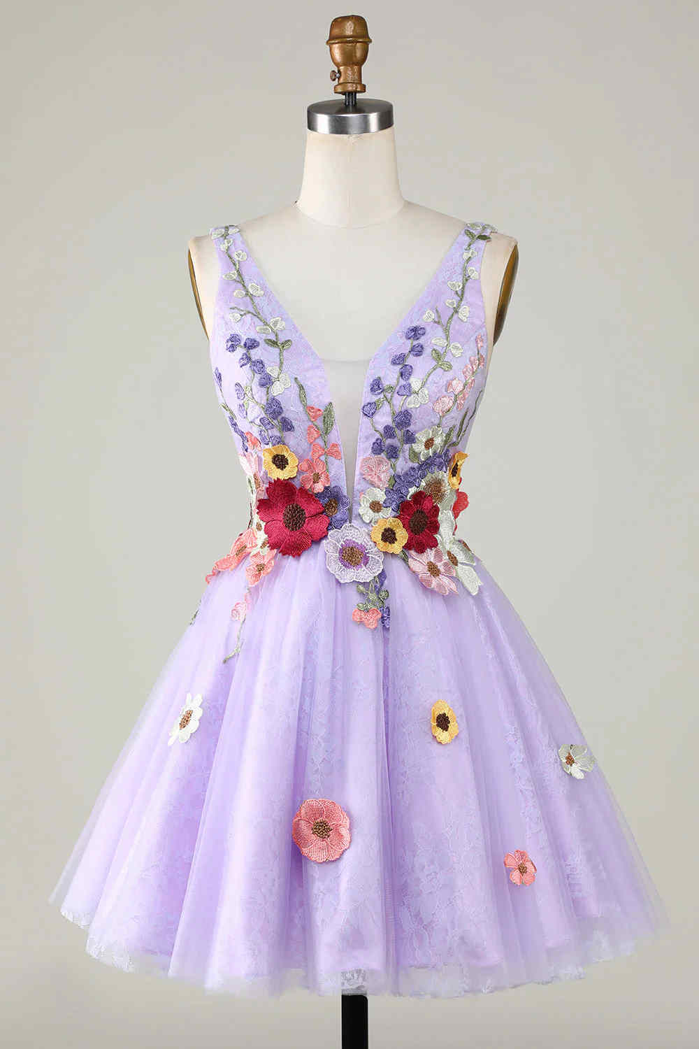 Plunging Neck Lavender Floral Backless Short Floral Dress FancyVestido Plunging Neck Lavender Floral Backless Short Floral Dress FancyVestido