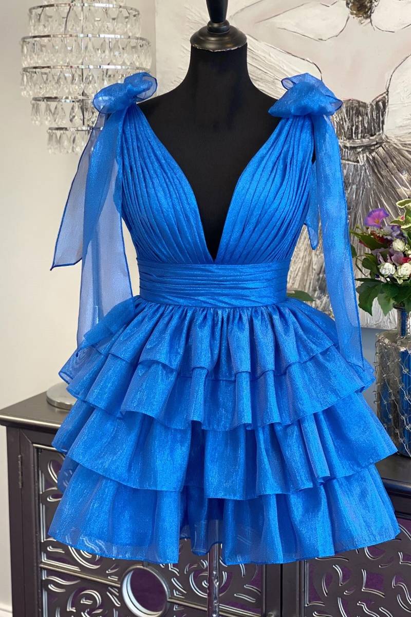 Plunging V-Neck Royal Blue Bow Straps Ruffle Homecoming Dress – FancyVestido
