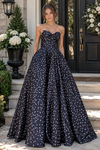 Polka Dots Satin A-Line Bow Strapless Empire Formal Party Prom Dress