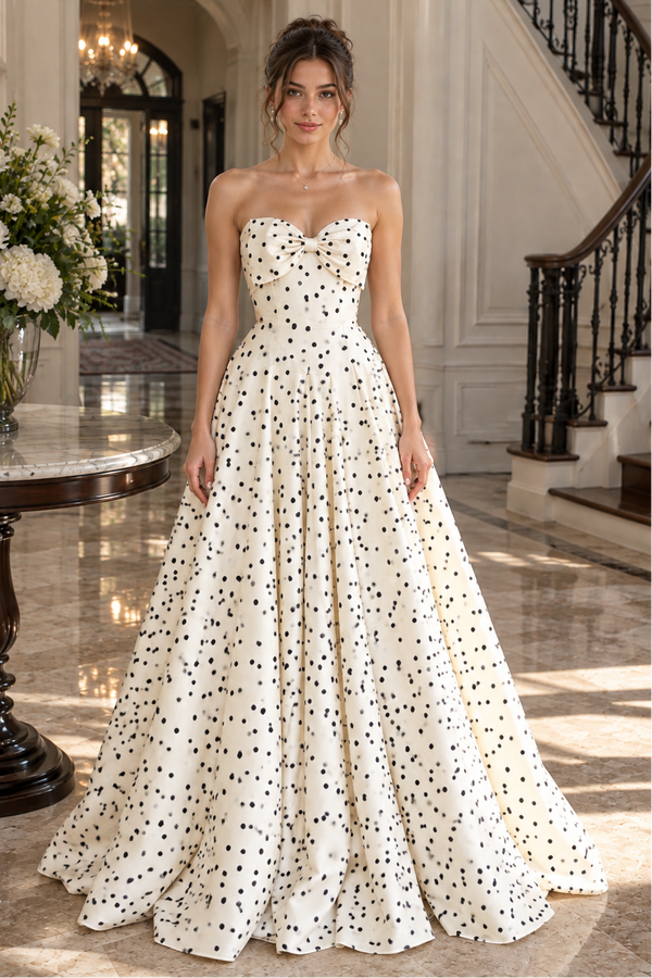 Polka Dots Satin A-Line Bow Strapless Empire Formal Party Prom Dress