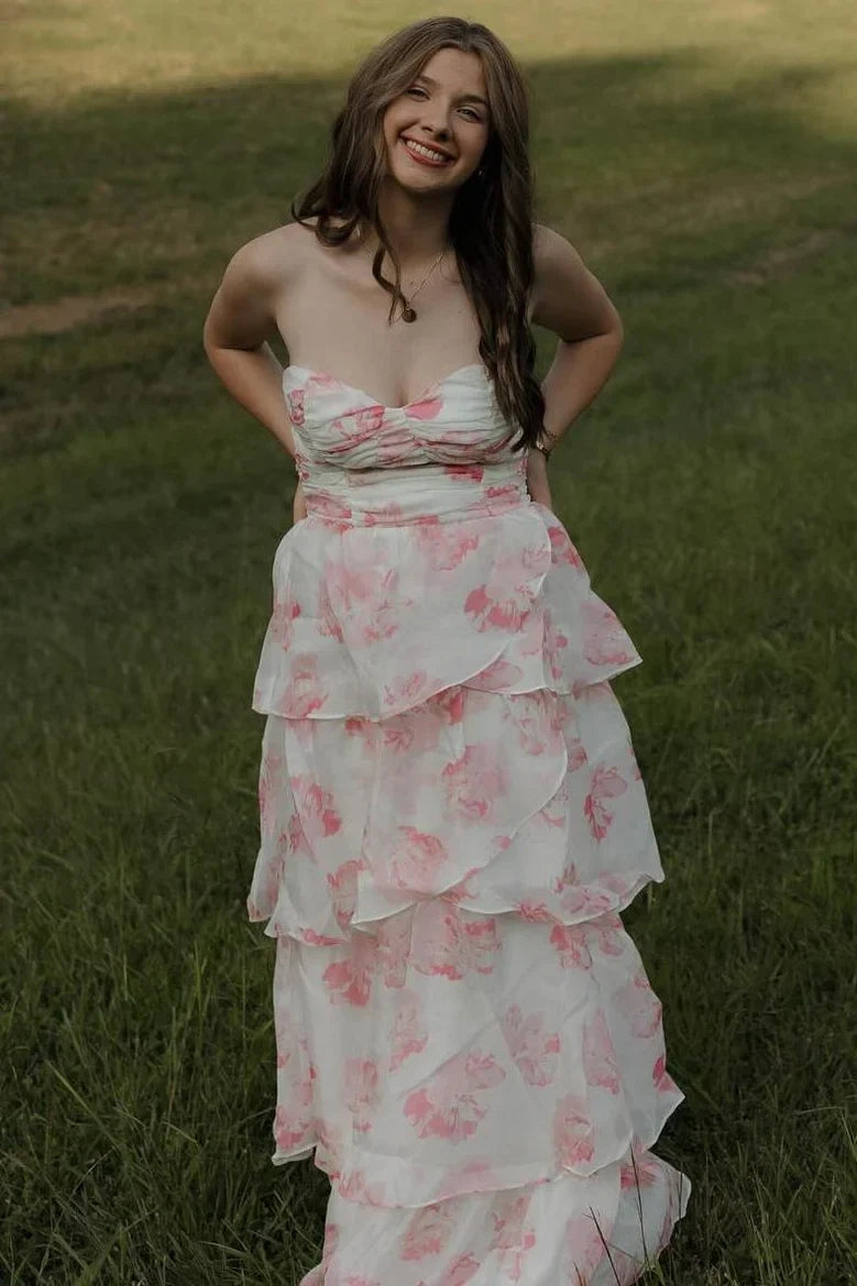 Pretty Chiffon A-Line Strapless Tiered Floral Party Prom Dress