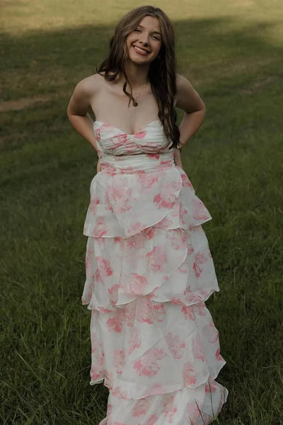 Pretty Chiffon A-Line Strapless Tiered Floral Party Prom Dress