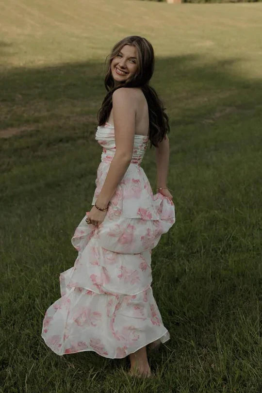 Pretty Chiffon A-Line Strapless Tiered Floral Party Prom Dress