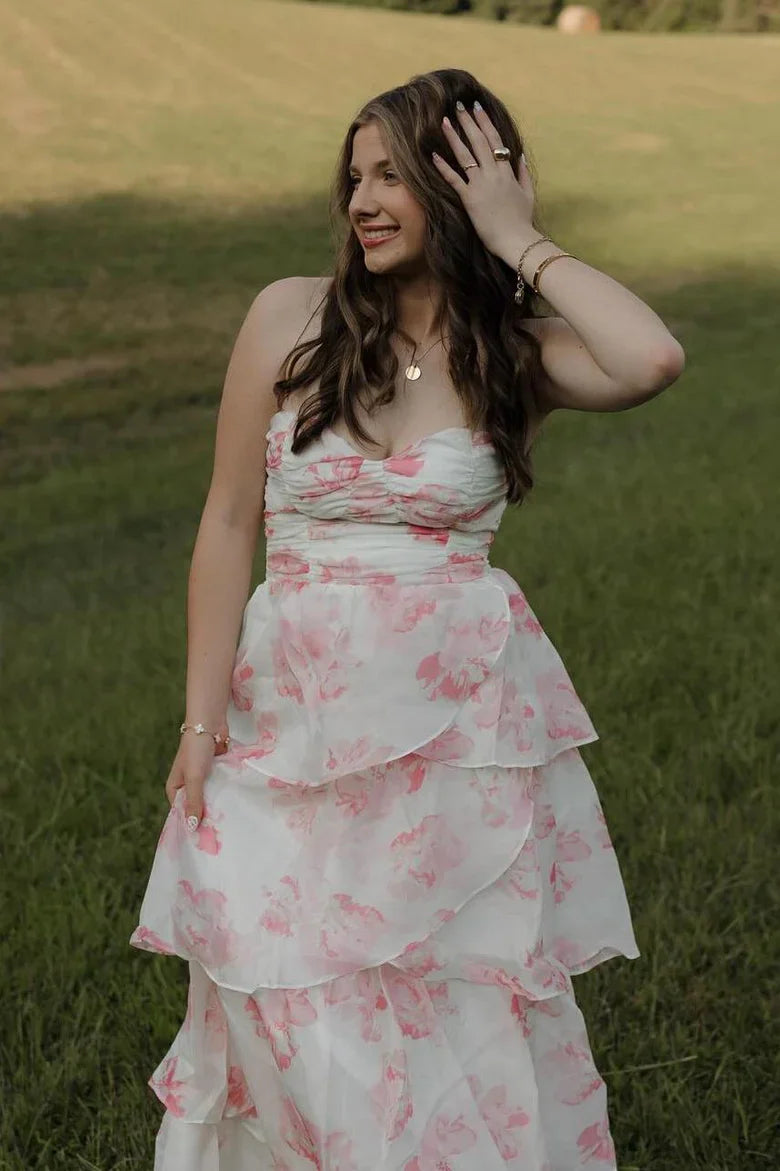Pretty Chiffon A-Line Strapless Tiered Floral Party Prom Dress