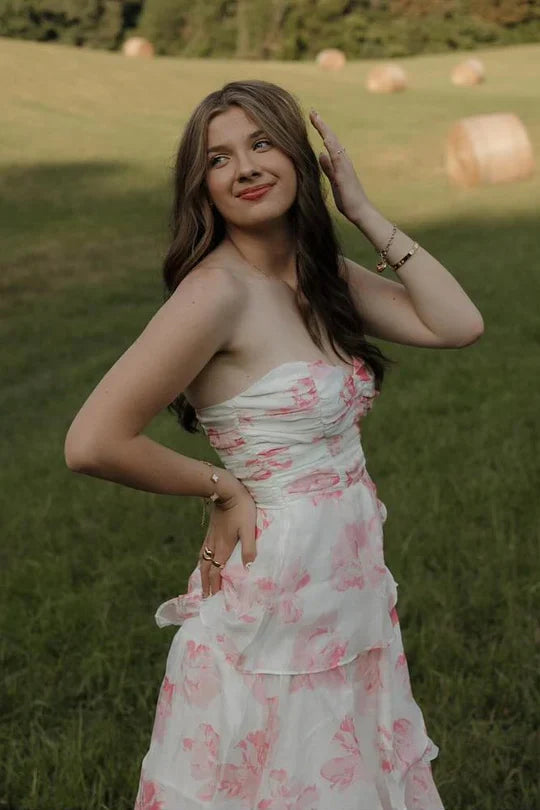 Pretty Chiffon A-Line Strapless Tiered Floral Party Prom Dress