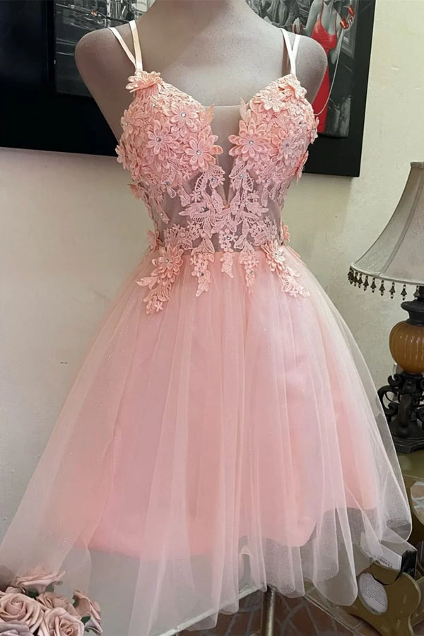 Pretty Pink A-Line Lace And Tulle Short Party Homecoming Dress