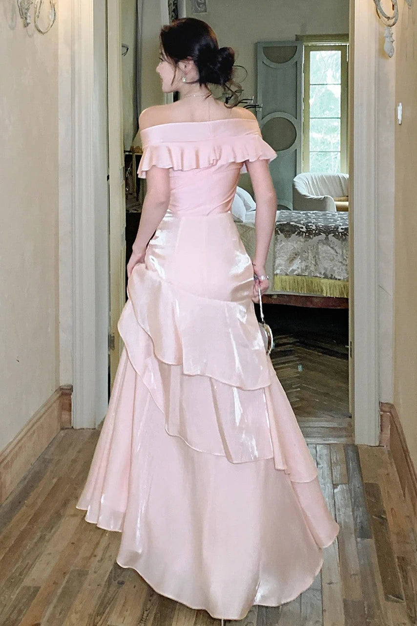 Pretty Pink A-Line Ruffle Off-Shoulder Tiered Maxi Party Prom Dress 