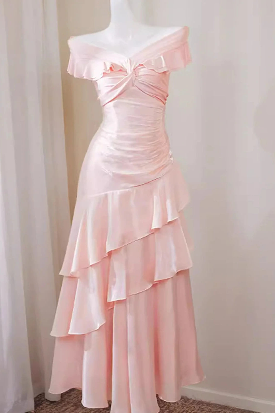 Pretty Pink A-Line Ruffle Off-Shoulder Tiered Maxi Party Prom Dress 