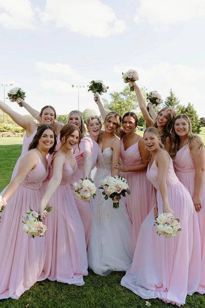 Pretty Pink A-Line V-Neck Sleeveless Chiffon Maxi Bridesmaid Dress