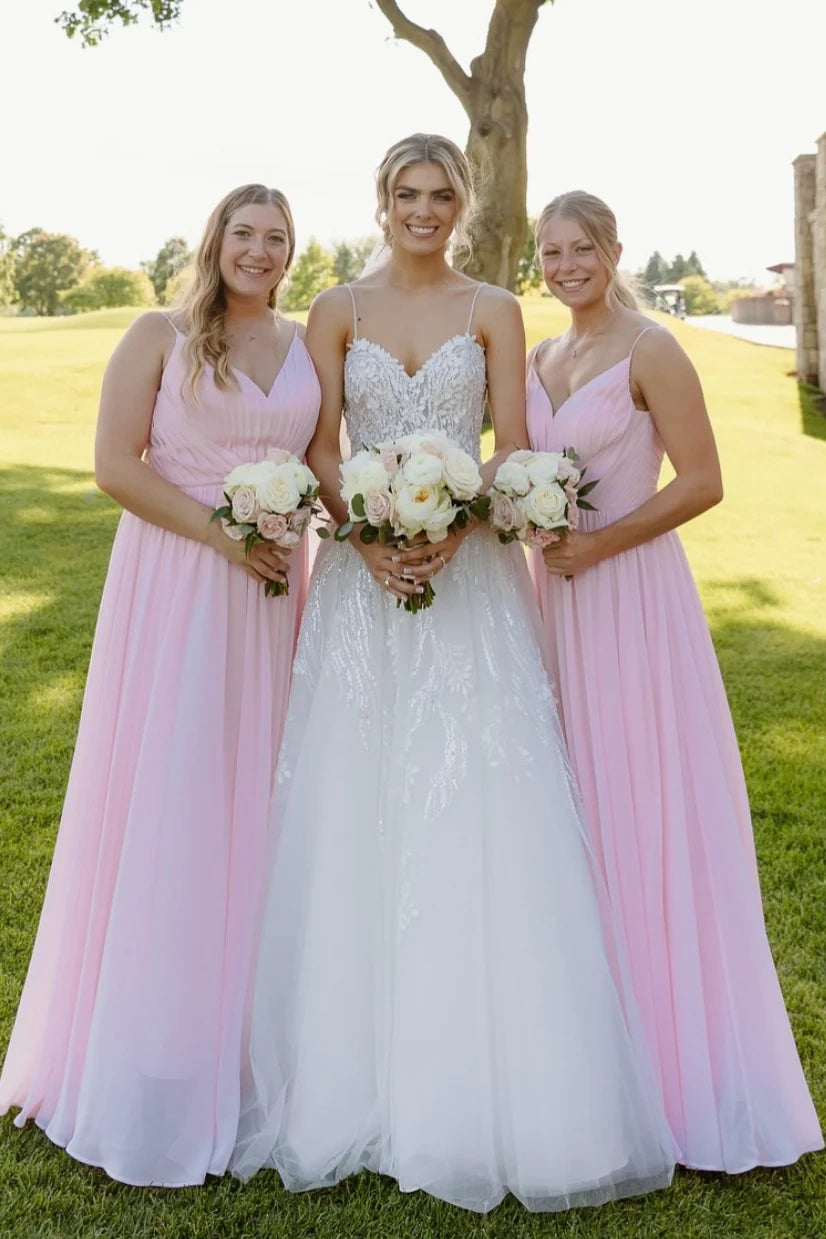 Pretty Pink A-Line V-Neck Sleeveless Chiffon Maxi Bridesmaid Dress