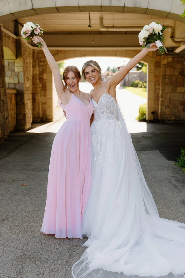 Pretty Pink A-Line V-Neck Sleeveless Chiffon Maxi Bridesmaid Dress