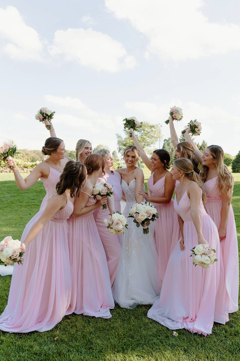 Pretty Pink A-Line V-Neck Sleeveless Chiffon Maxi Bridesmaid Dress