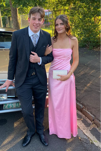 Pretty Pink Satin A-Line Spaghetti Straps Maxi Party Prom Dress