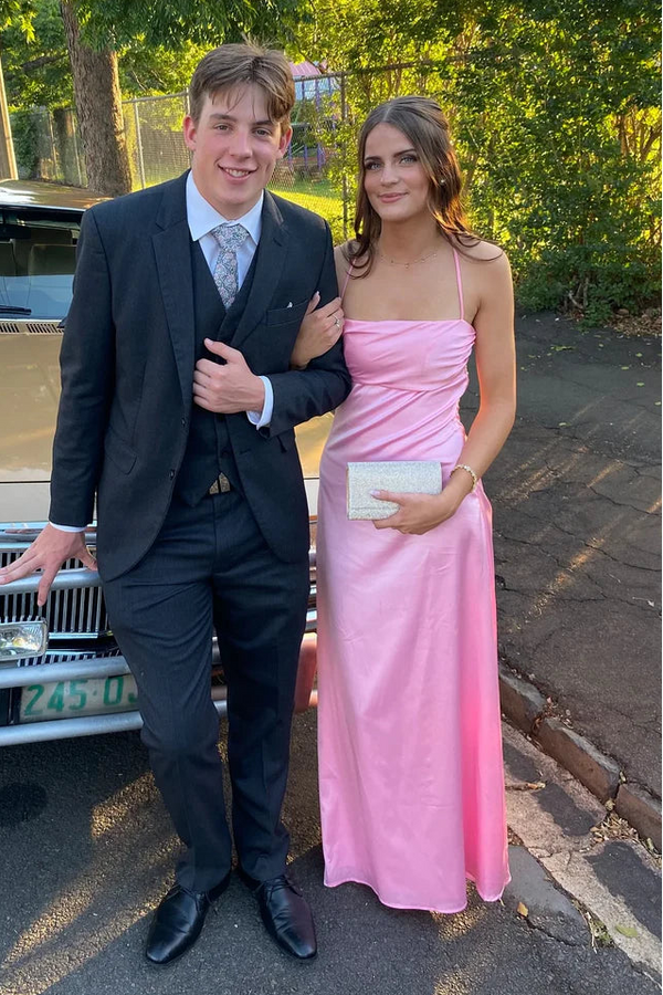 Pretty Pink Satin A-Line Spaghetti Straps Maxi Party Prom Dress